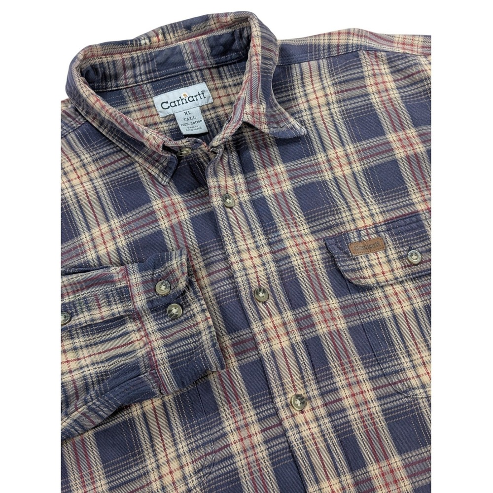 Carhartt Shirt Mens‎ Extra Large Tall Blue Plaid Button Up Workwear Cotton